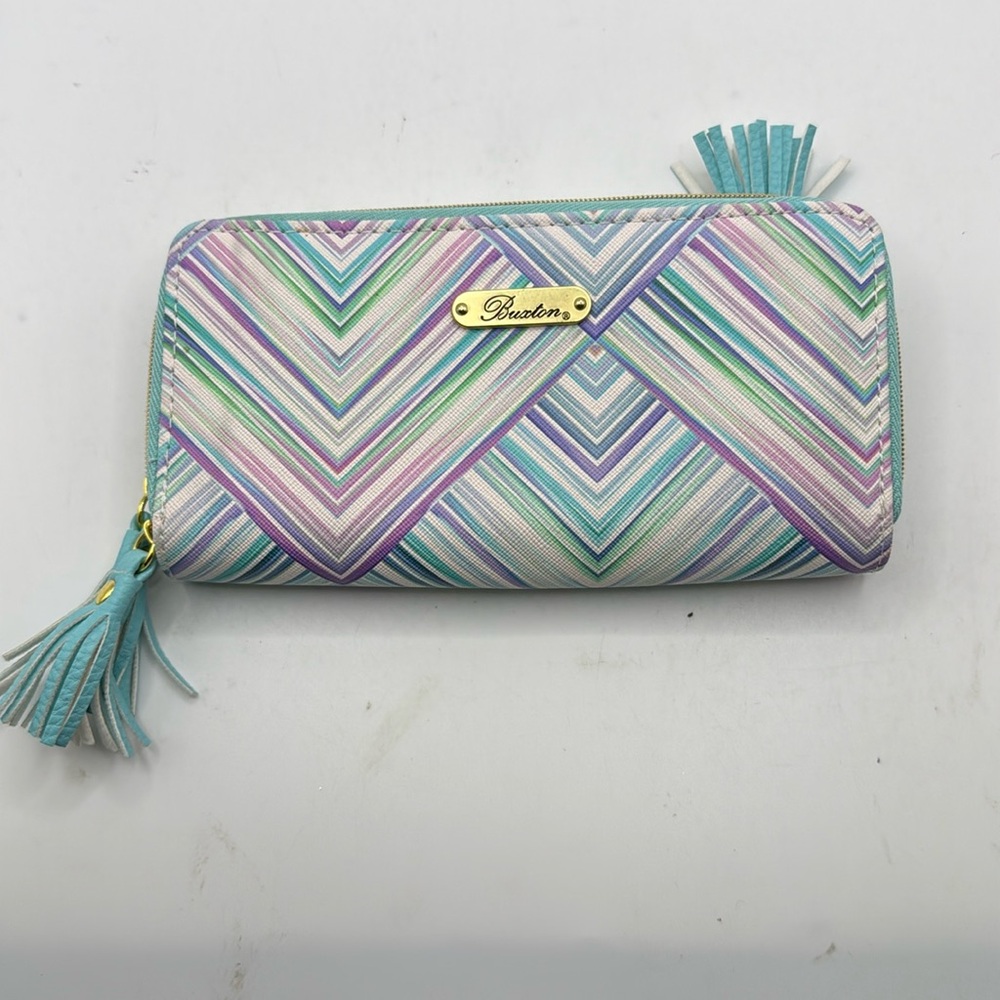 Buxton Zip Around Accordion Pastel Striped Wallet Blue Purple ID Card Holder